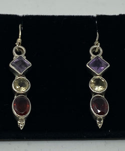 Silver, Amethyst, Citrine and Garnet Earrings