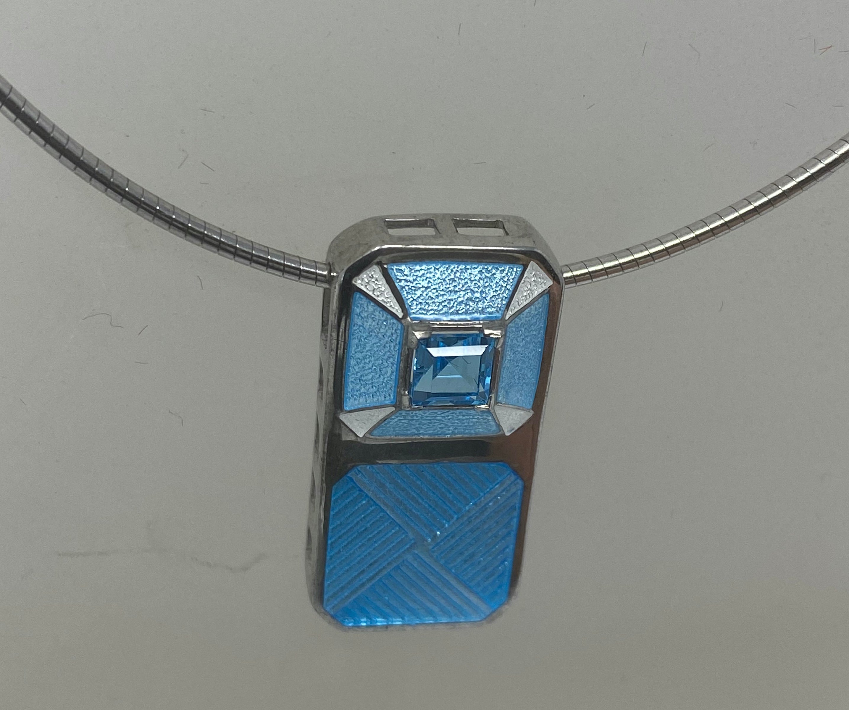 Silver Necklace with Enamel and Blue Topaz Pendant