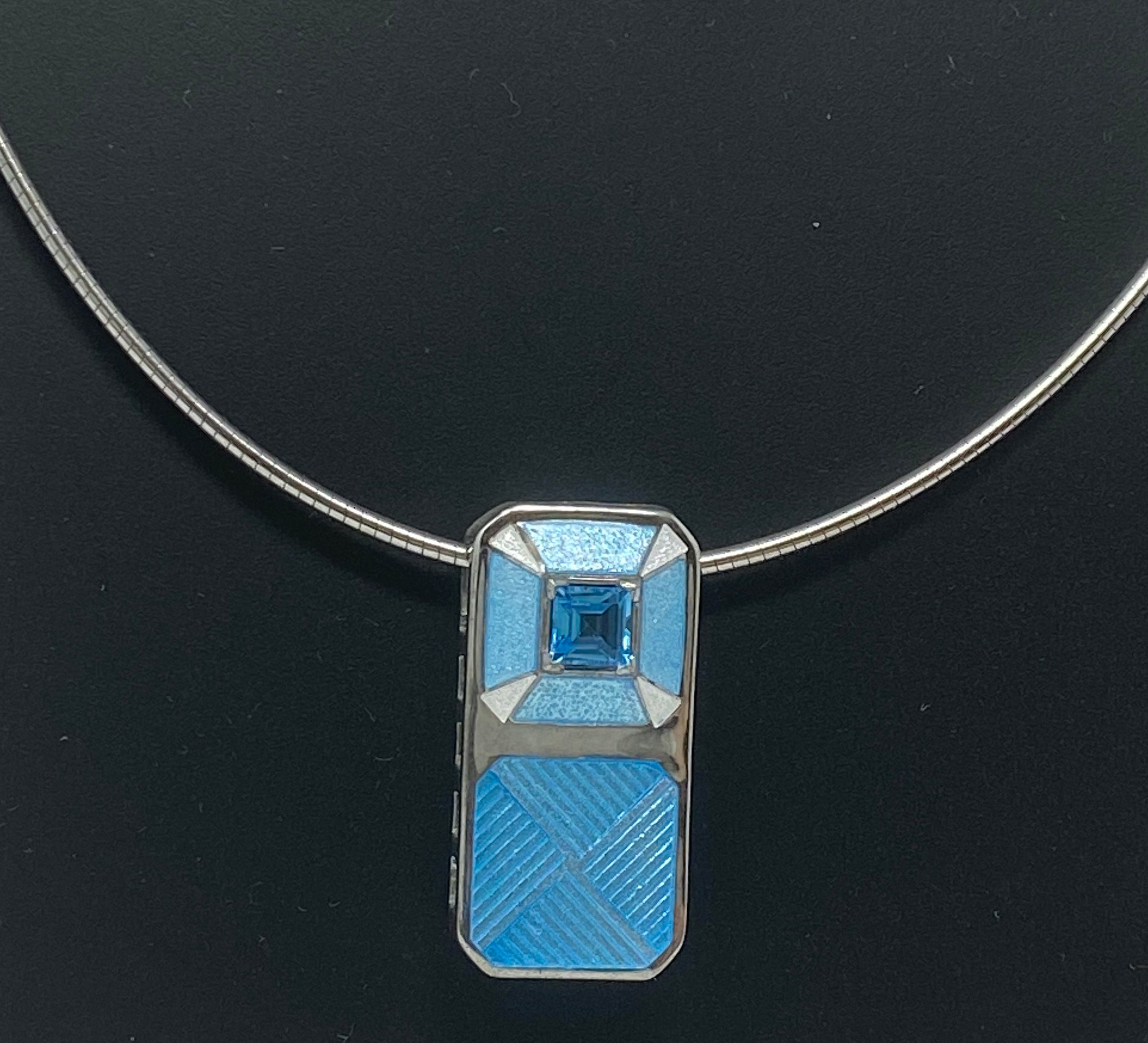 Silver Necklace with Enamel and Blue Topaz Pendant