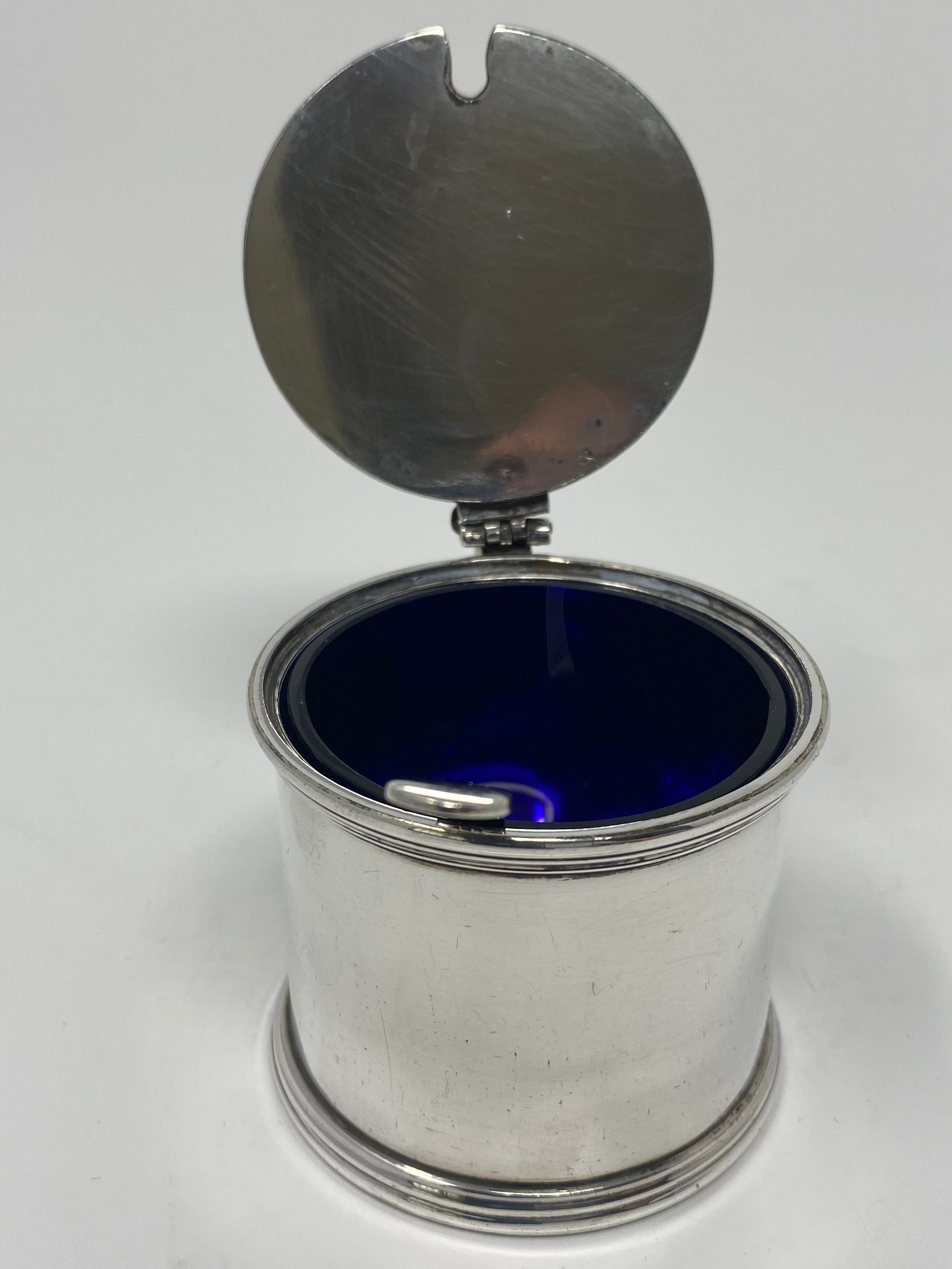 Silver Plated Mustard Pot With Blue Glass Liner and Spoon
