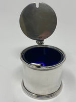 Load image into Gallery viewer, Silver Plated Mustard Pot With Blue Glass Liner and Spoon
