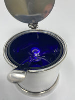 Load image into Gallery viewer, Silver Plated Mustard Pot With Blue Glass Liner and Spoon
