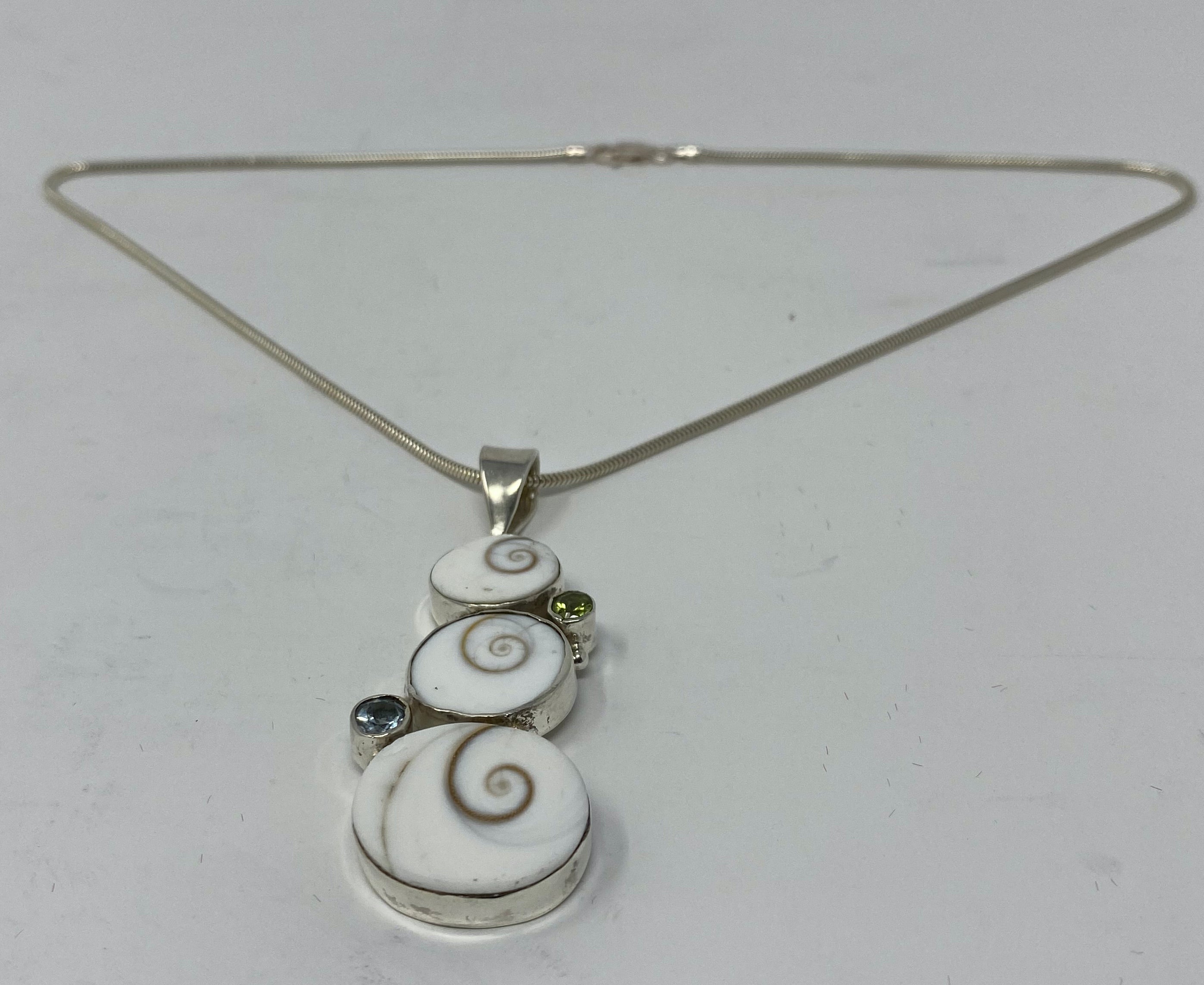 Silver and Sea Shell with Blue Topaz and Peridot Stone Pendant on Snake Chain
