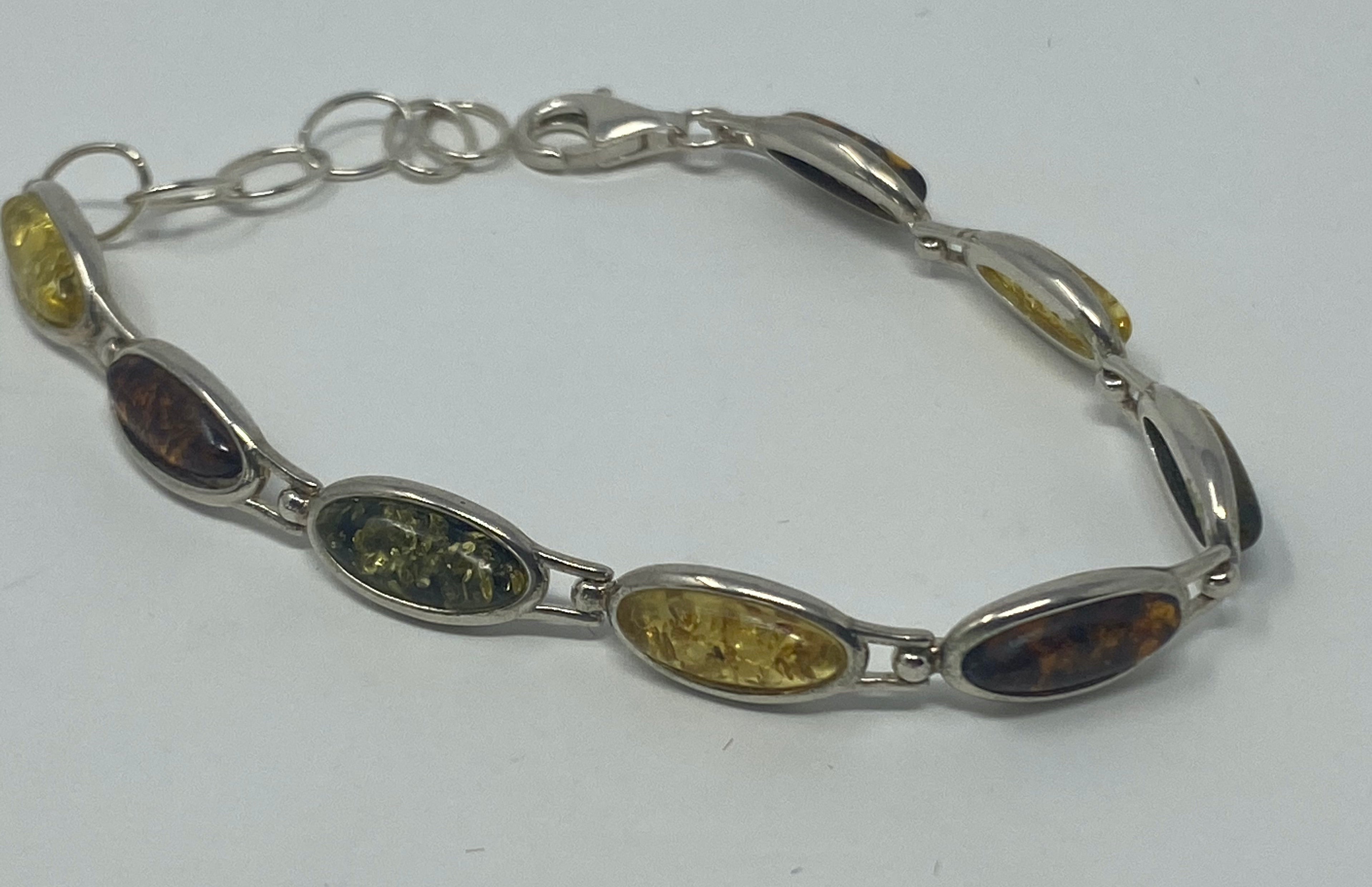 Silver and Three Colour Amber Stone Bracelet