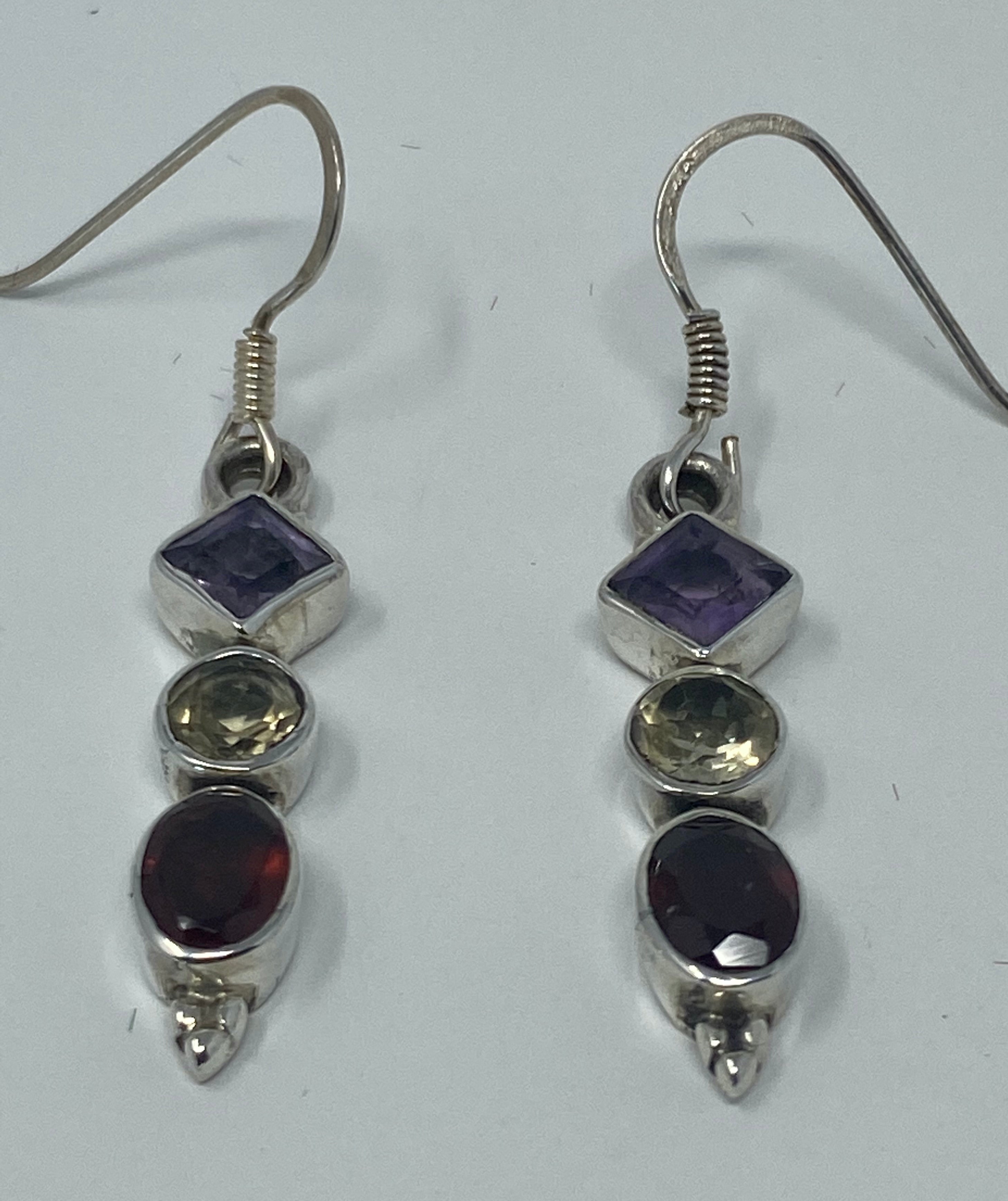 Silver, Amethyst, Citrine and Garnet Earrings