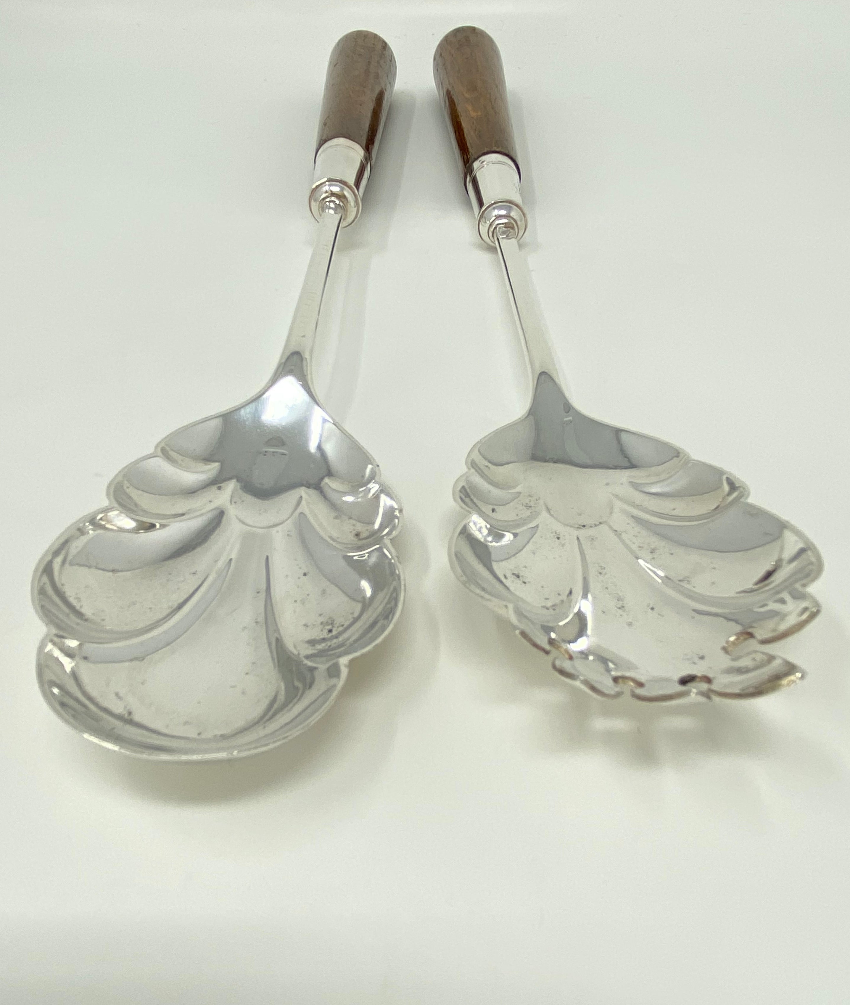 Pair of Silver Plated and Oak Handle Salad Servers