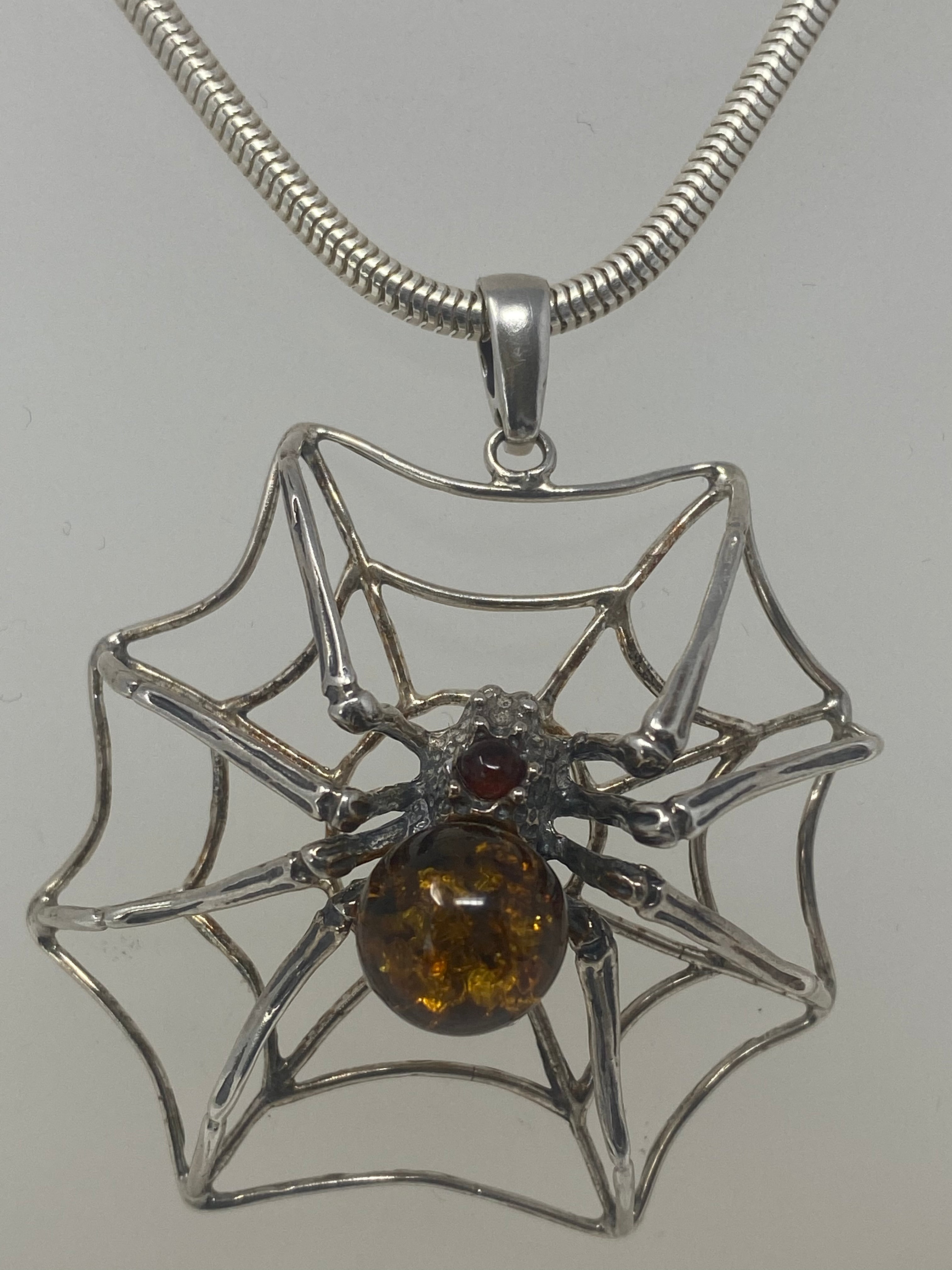 Silver and Amber Spider and Web Necklace