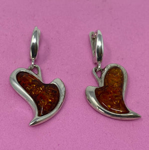 Silver and Amber Heart Earrings