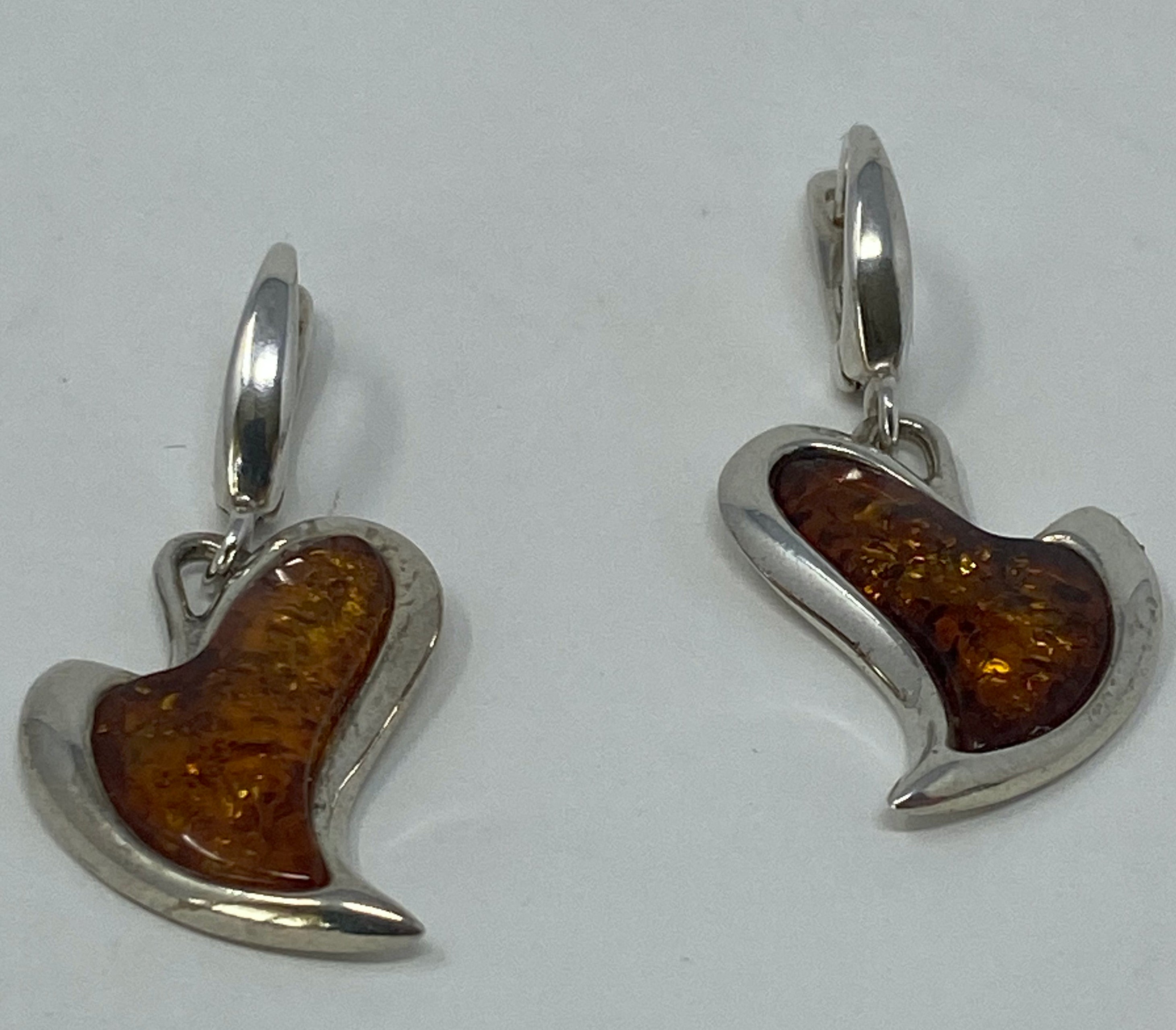 Silver and Amber Heart Earrings