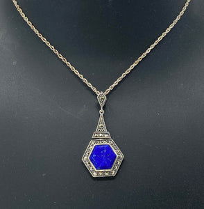 Lapis and Marcasite Pendant on Silver Chain