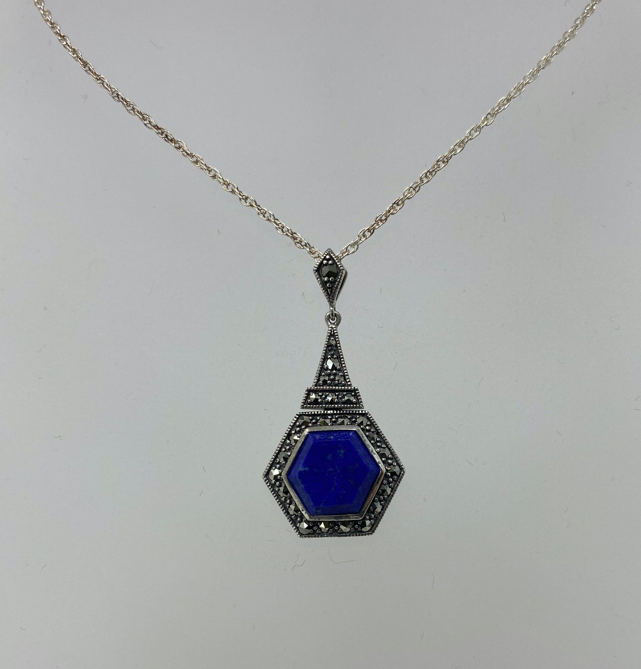 Lapis and Marcasite Pendant on Silver Chain