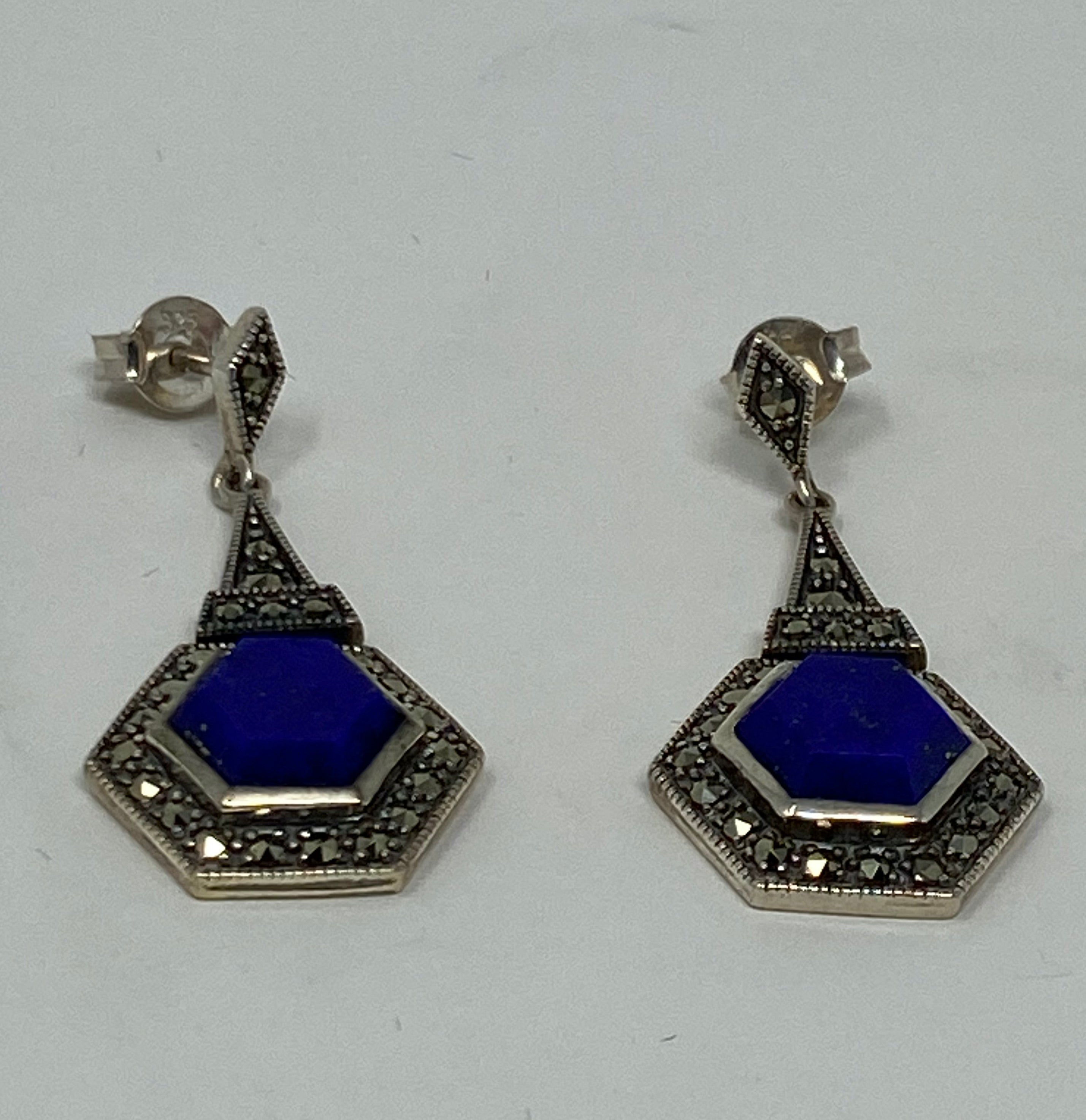 Lapis and Marcasite Drop Earrings