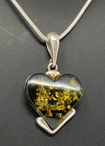 Green Amber Heart Pendant on silver chain
