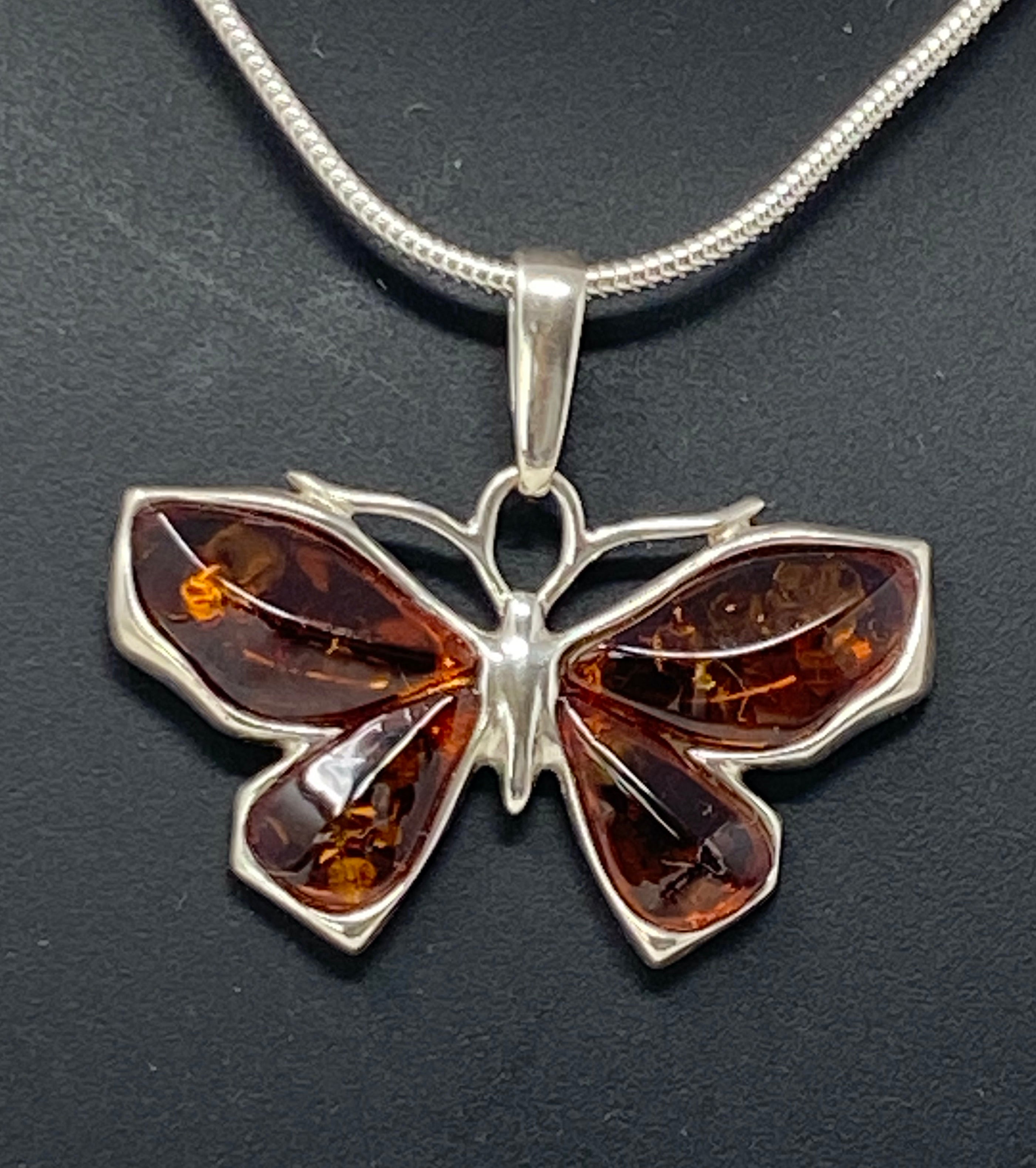 Silver and Amber Butterfly on Snake Chain