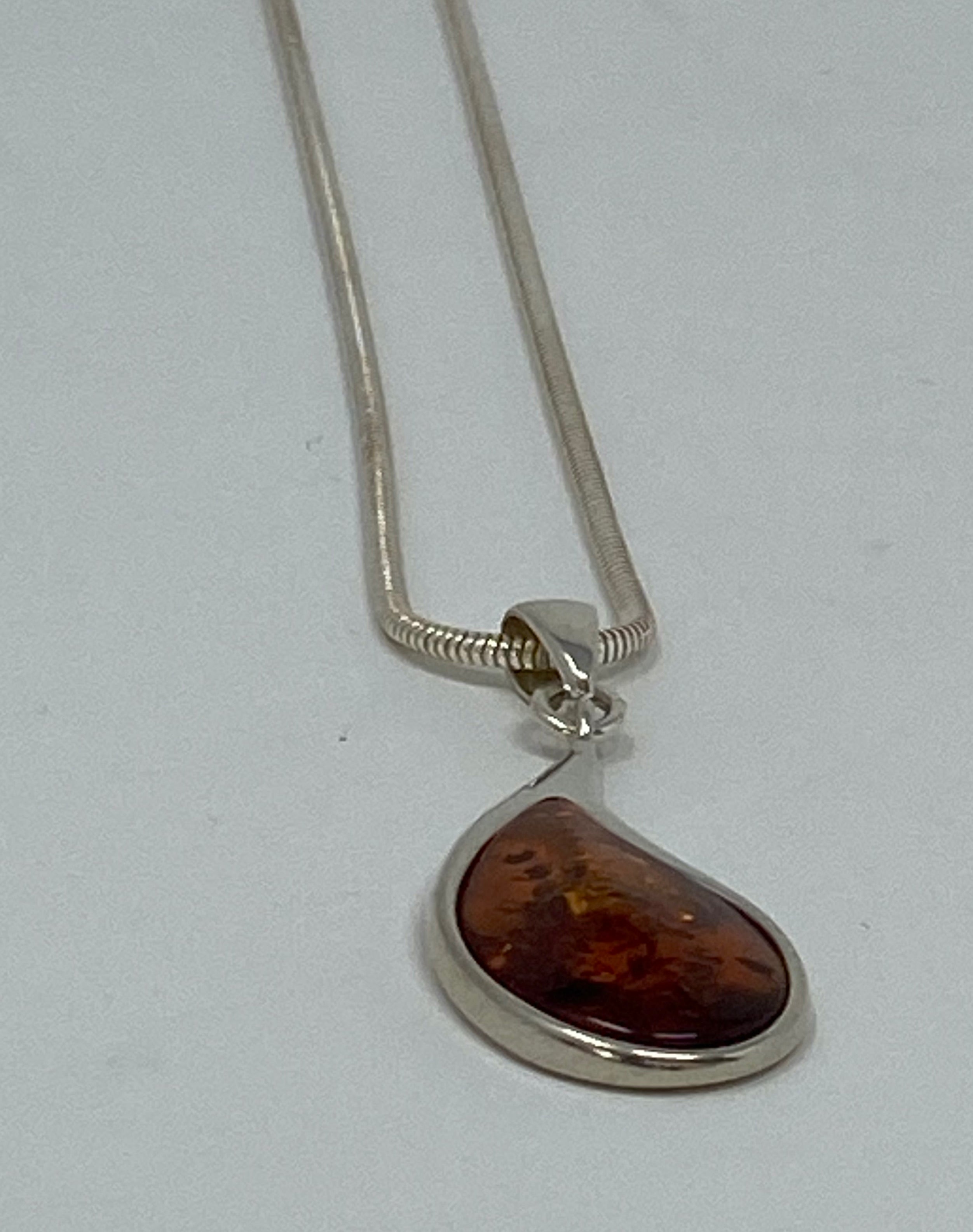 Amber Tear Shaped Pendant on Snake Chain
