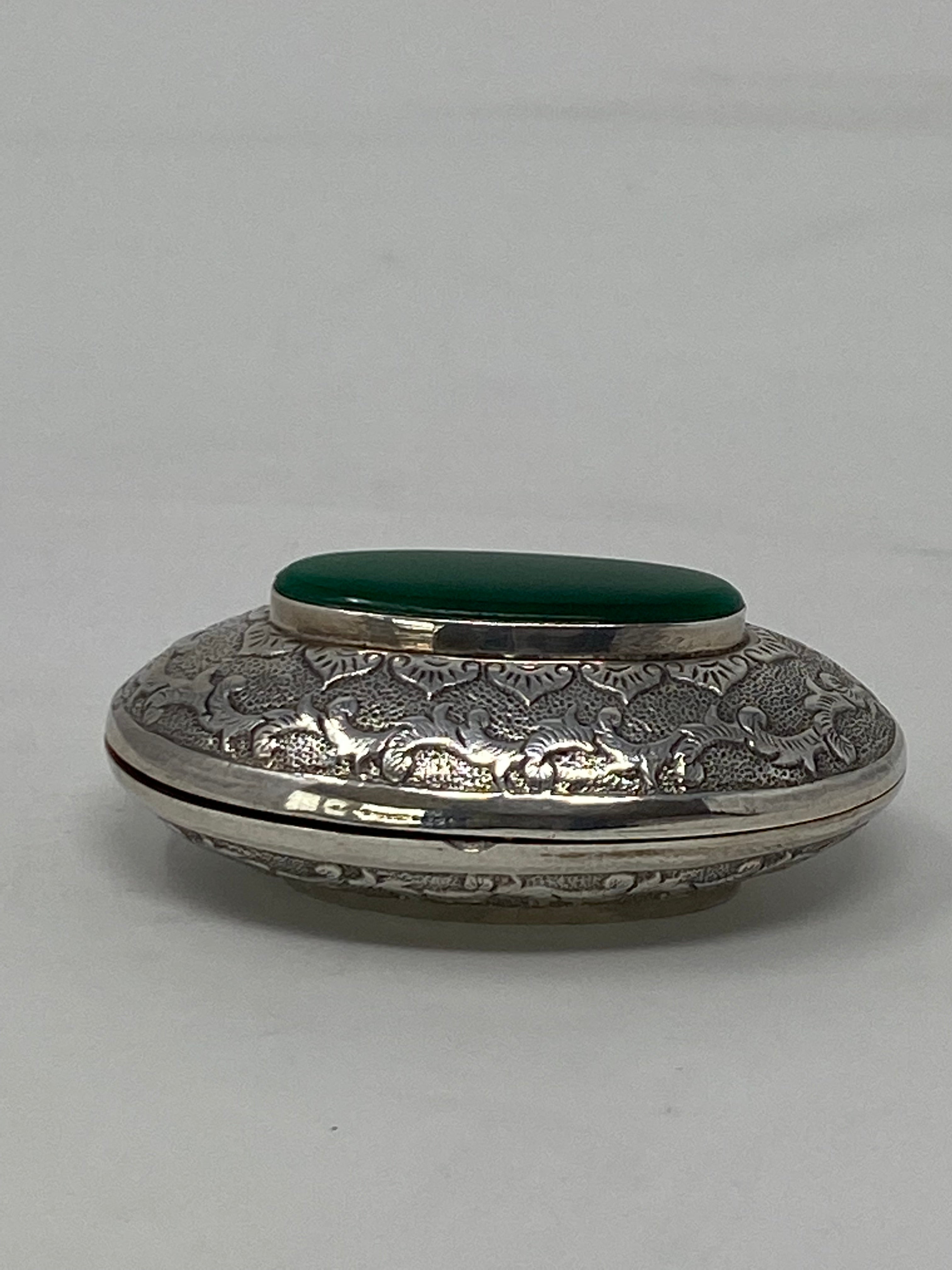 Sterling Silver Decorated Pill Box with Green Stone