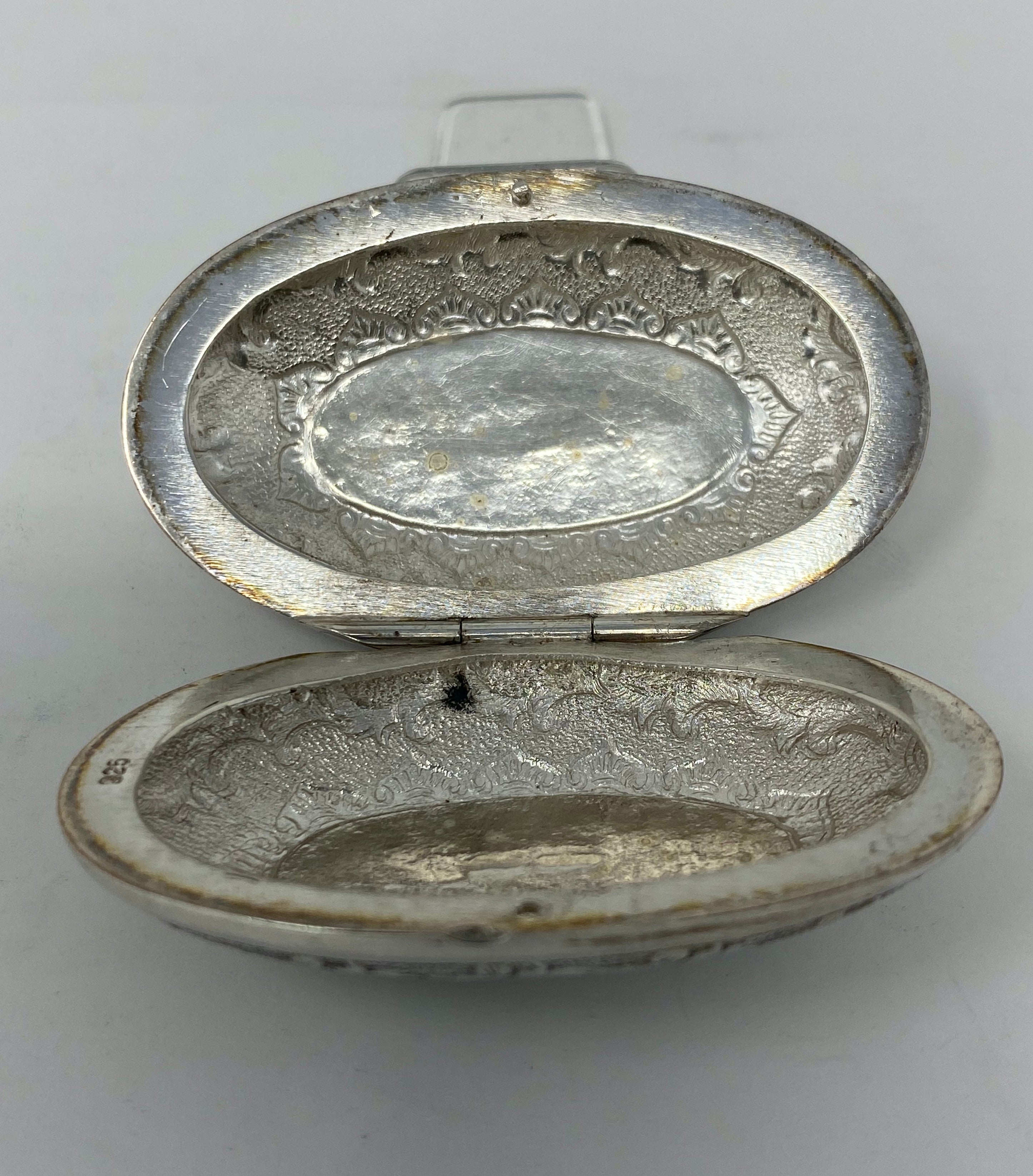 Sterling Silver Decorated Pill Box with Green Stone