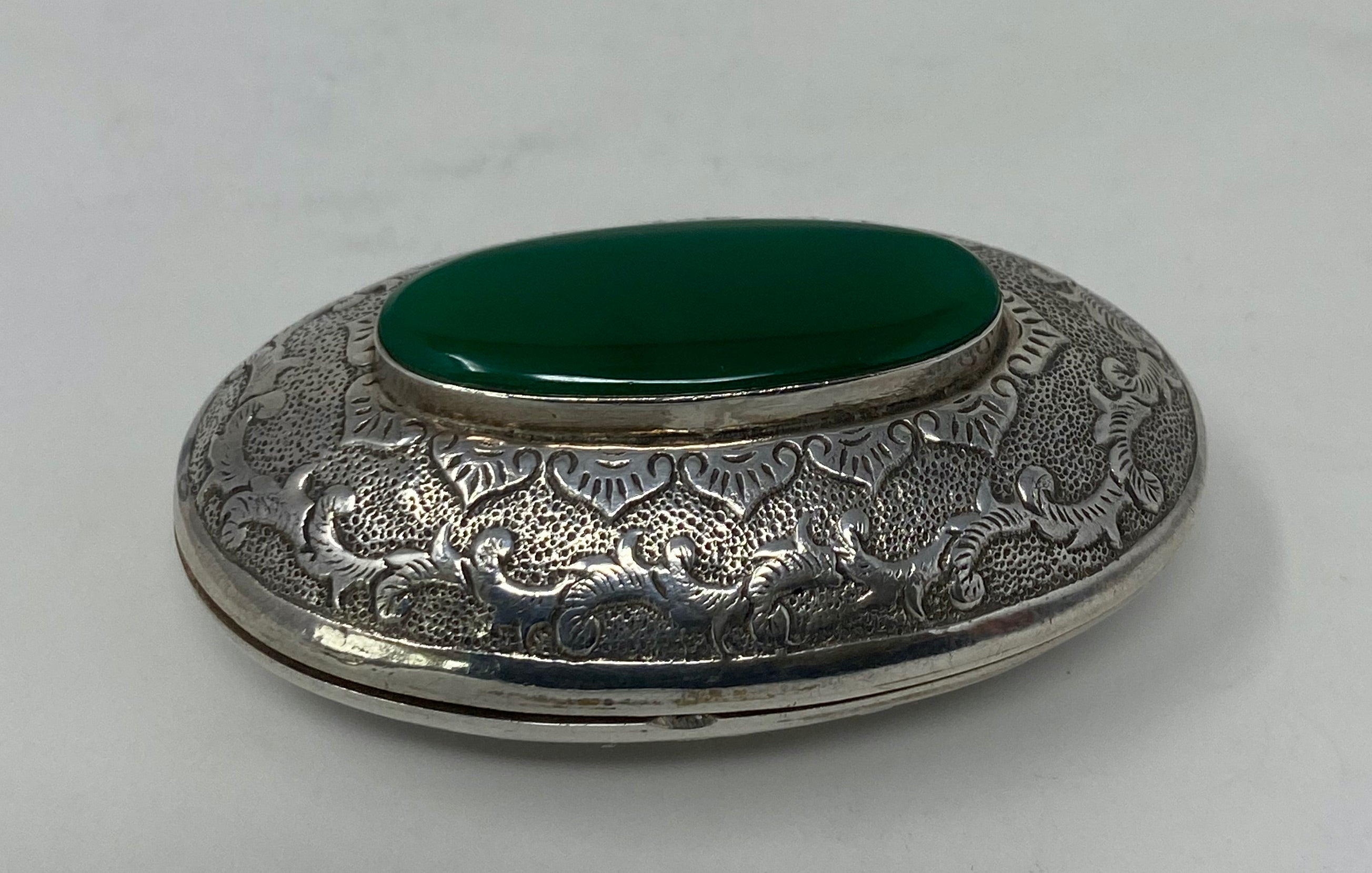 Sterling Silver Decorated Pill Box with Green Stone