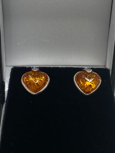 Amber and Silver Heart Shaped Stud Earrings