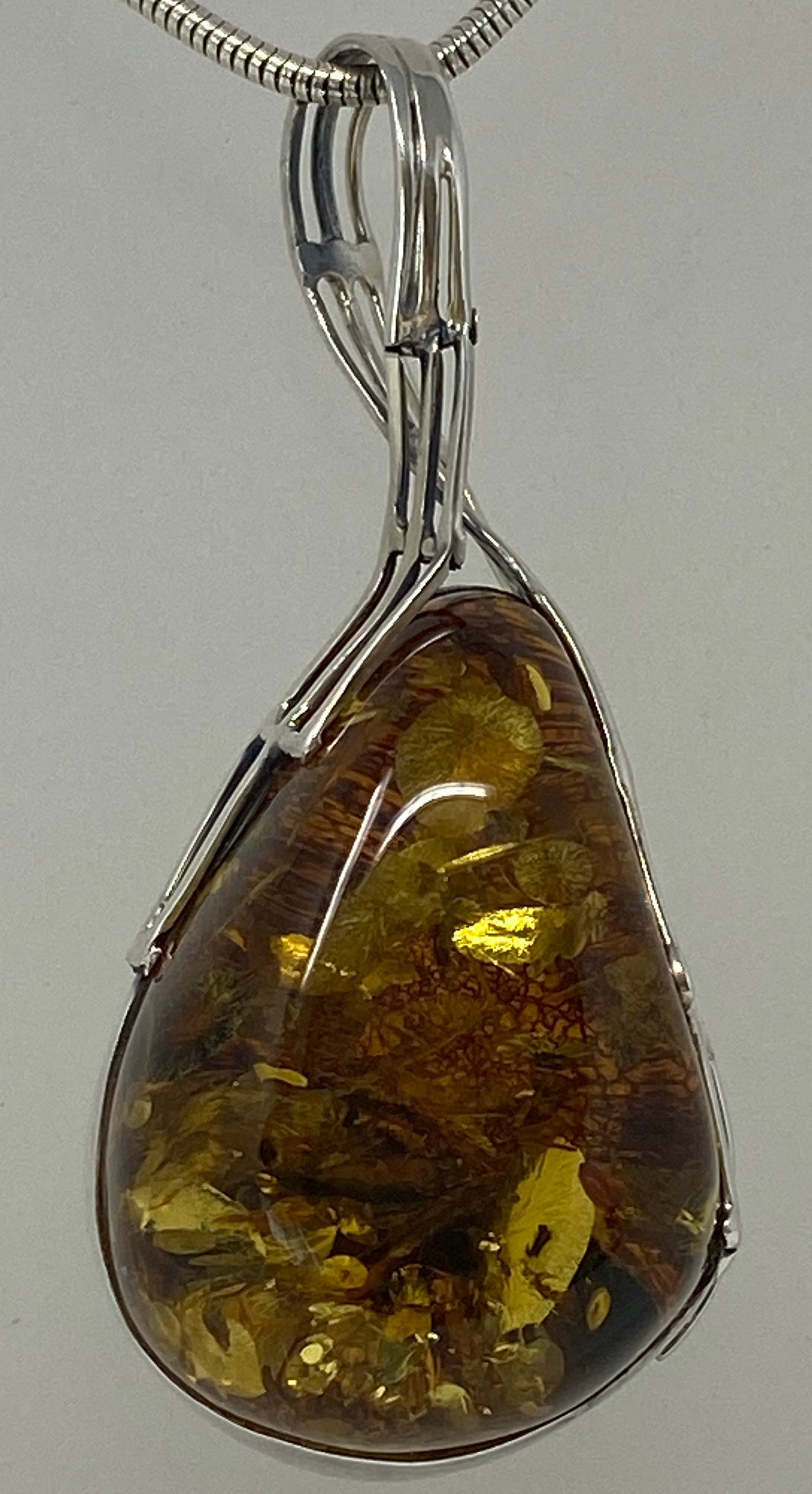 Large Amber Pear Shaped Pendant on Snake Chain