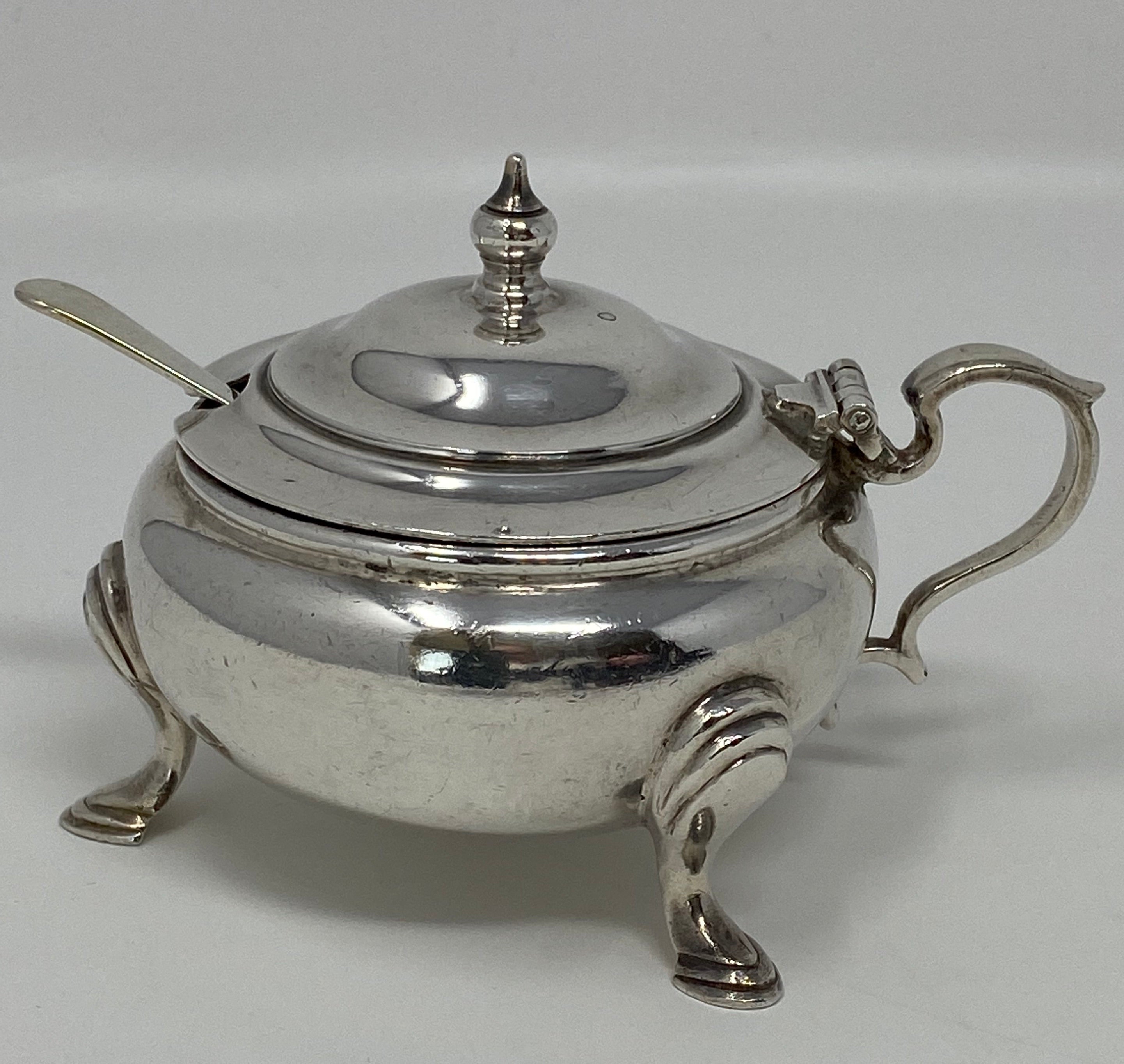 Round Silver Plated Mustard Pot  and Spoon with Blue Glass Liner