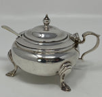 Load image into Gallery viewer, Round Silver Plated Mustard Pot  and Spoon with Blue Glass Liner
