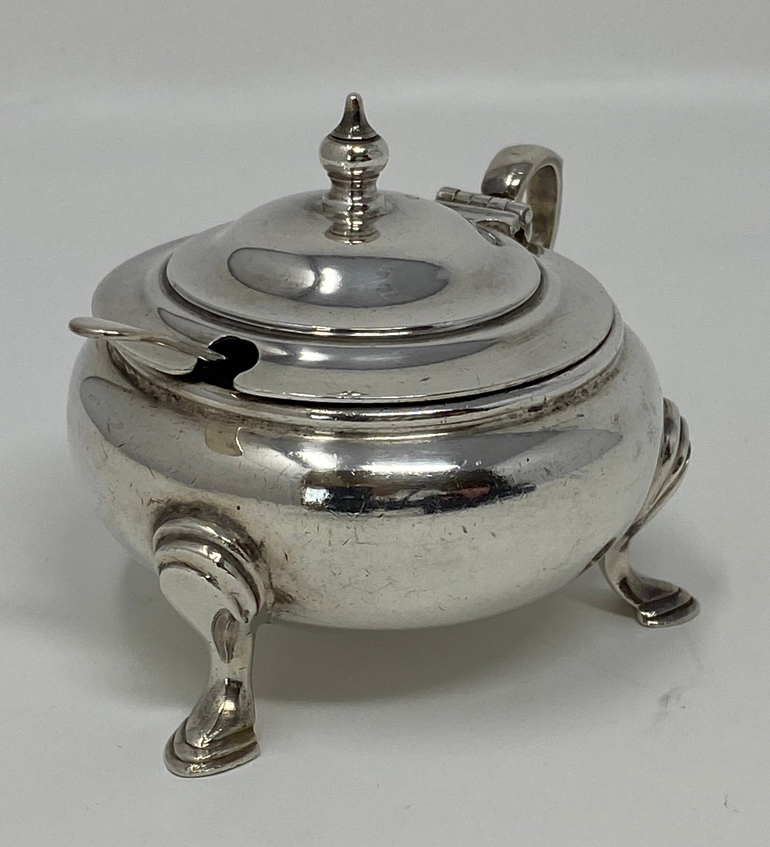 Round Silver Plated Mustard Pot  and Spoon with Blue Glass Liner