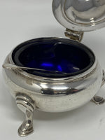 Load image into Gallery viewer, Round Silver Plated Mustard Pot  and Spoon with Blue Glass Liner
