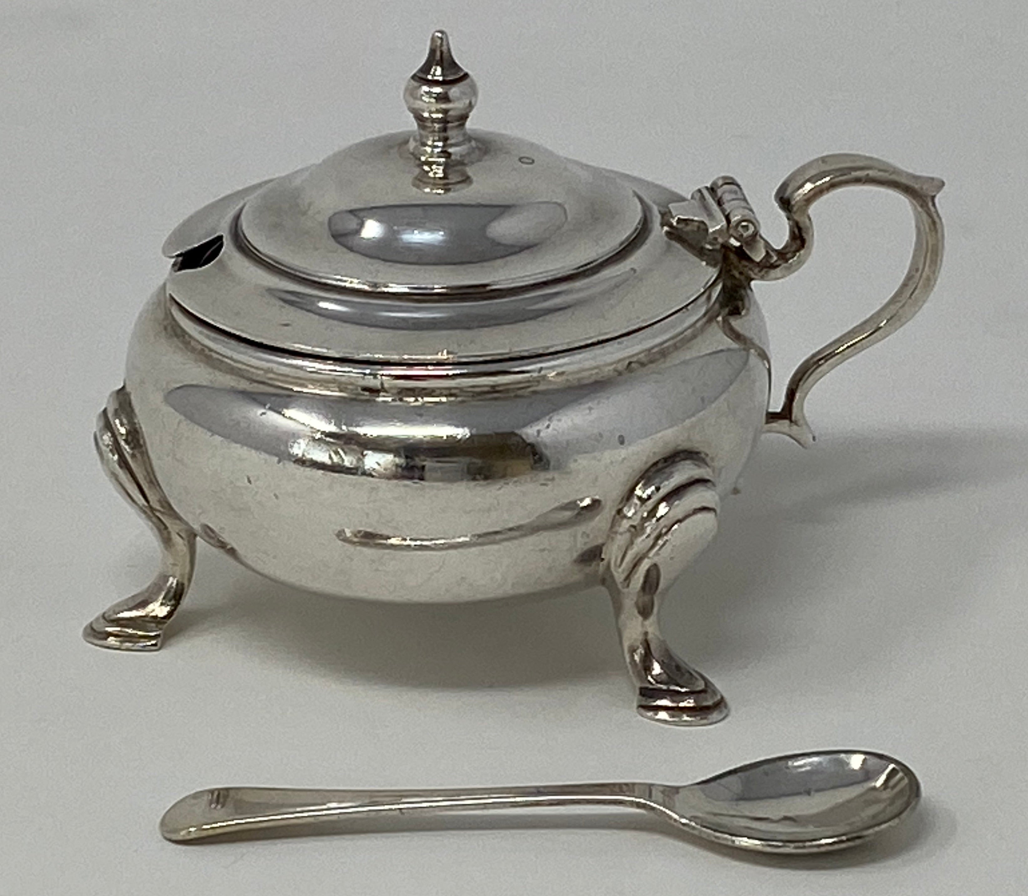 Round Silver Plated Mustard Pot  and Spoon with Blue Glass Liner