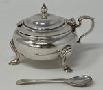 Load image into Gallery viewer, Round Silver Plated Mustard Pot  and Spoon with Blue Glass Liner
