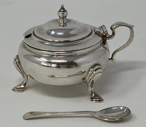 Round Silver Plated Mustard Pot  and Spoon with Blue Glass Liner