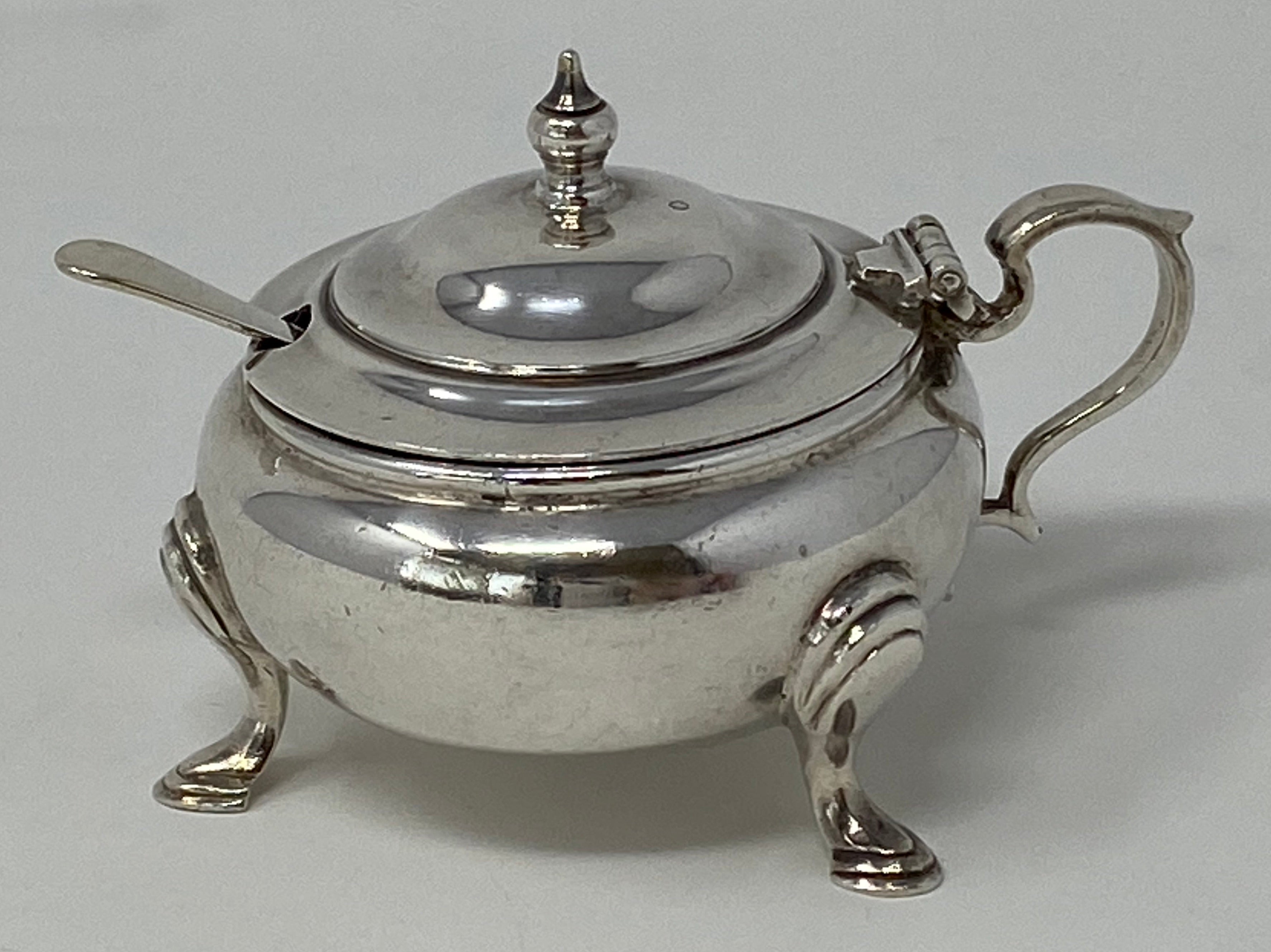 Round Silver Plated Mustard Pot  and Spoon with Blue Glass Liner