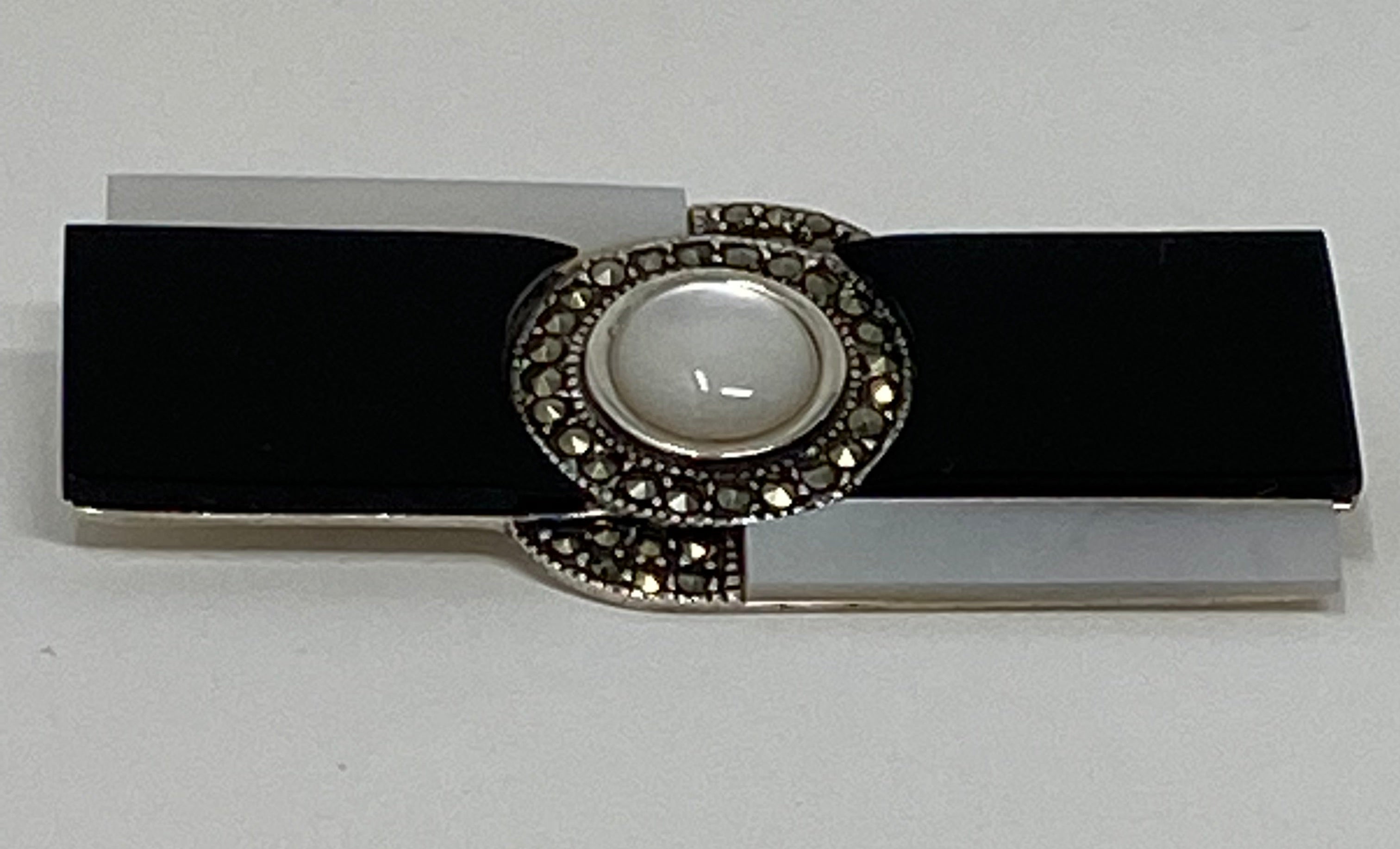 Silver, Black Onyx, Mother of Pearl and Marcasite Art Deco Style Brooch