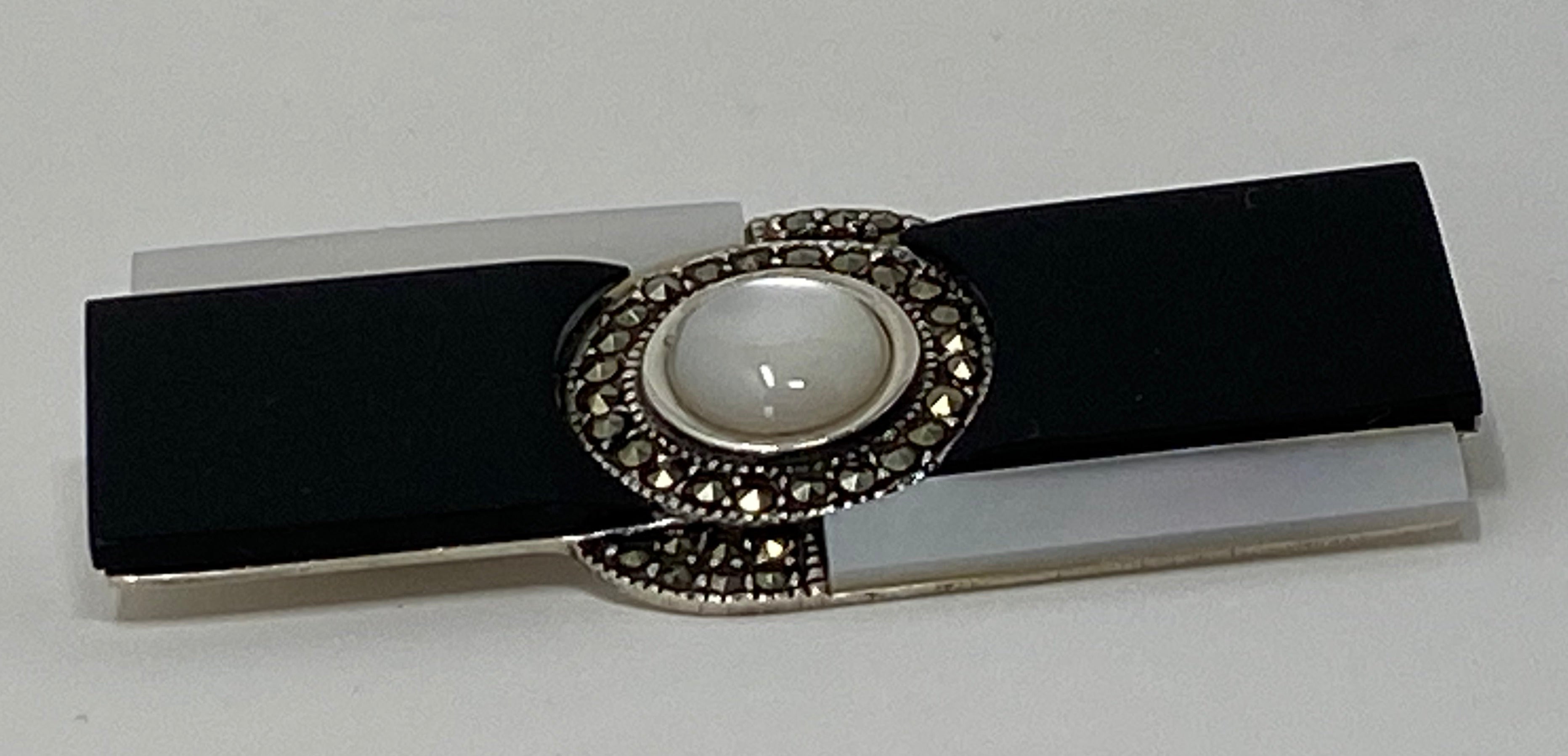 Silver, Black Onyx, Mother of Pearl and Marcasite Art Deco Style Brooch