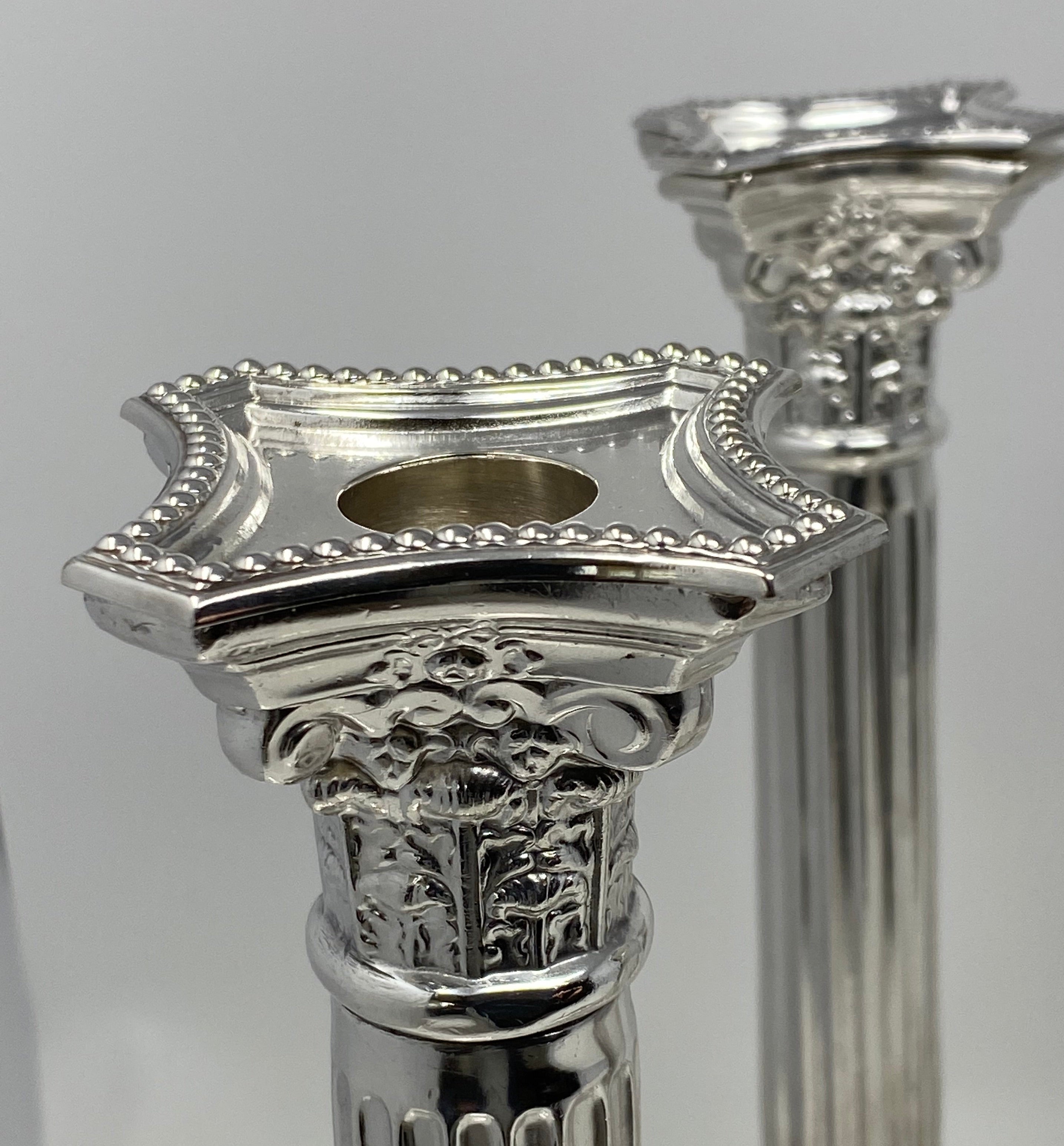 Set of 4 Silver Plated Corinthian Column Candlesticks
