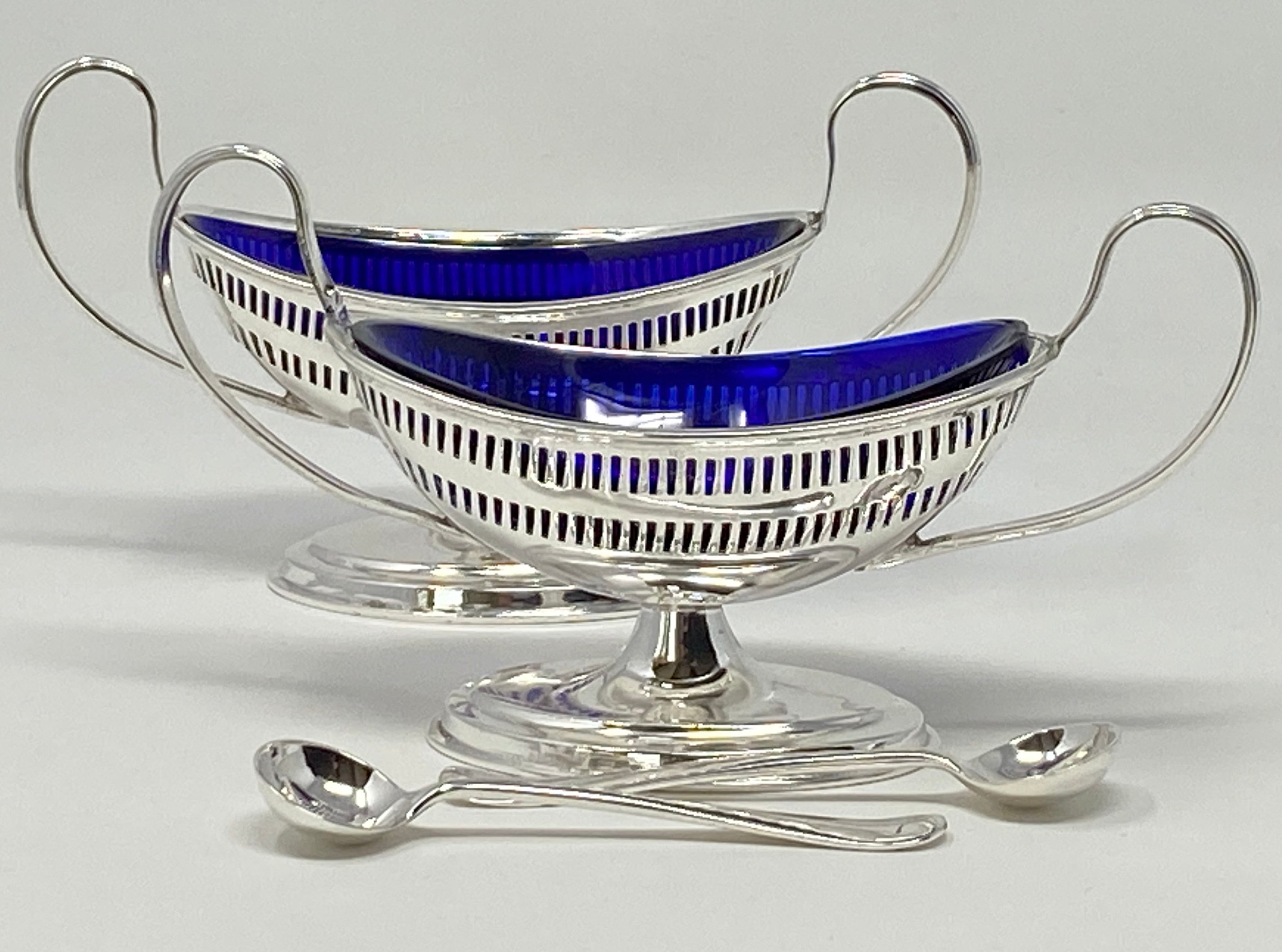 Pair of Victorian Silver Plated Salts with Blue Glass Liners and Spoons