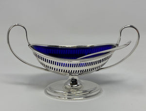 Pair of Victorian Silver Plated Salts with Blue Glass Liners and Spoons