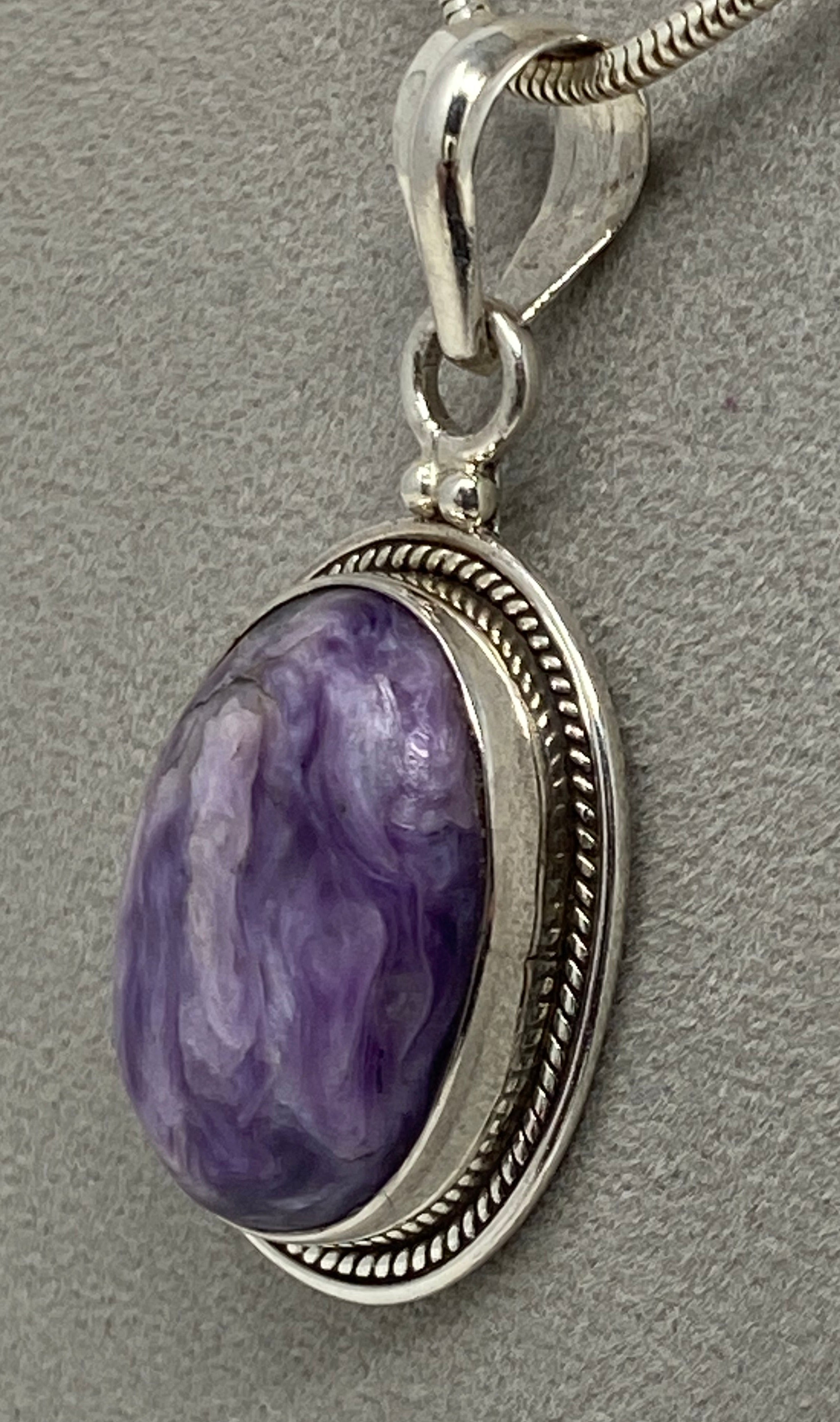 Silver and Charoite Necklace on Silver Chain
